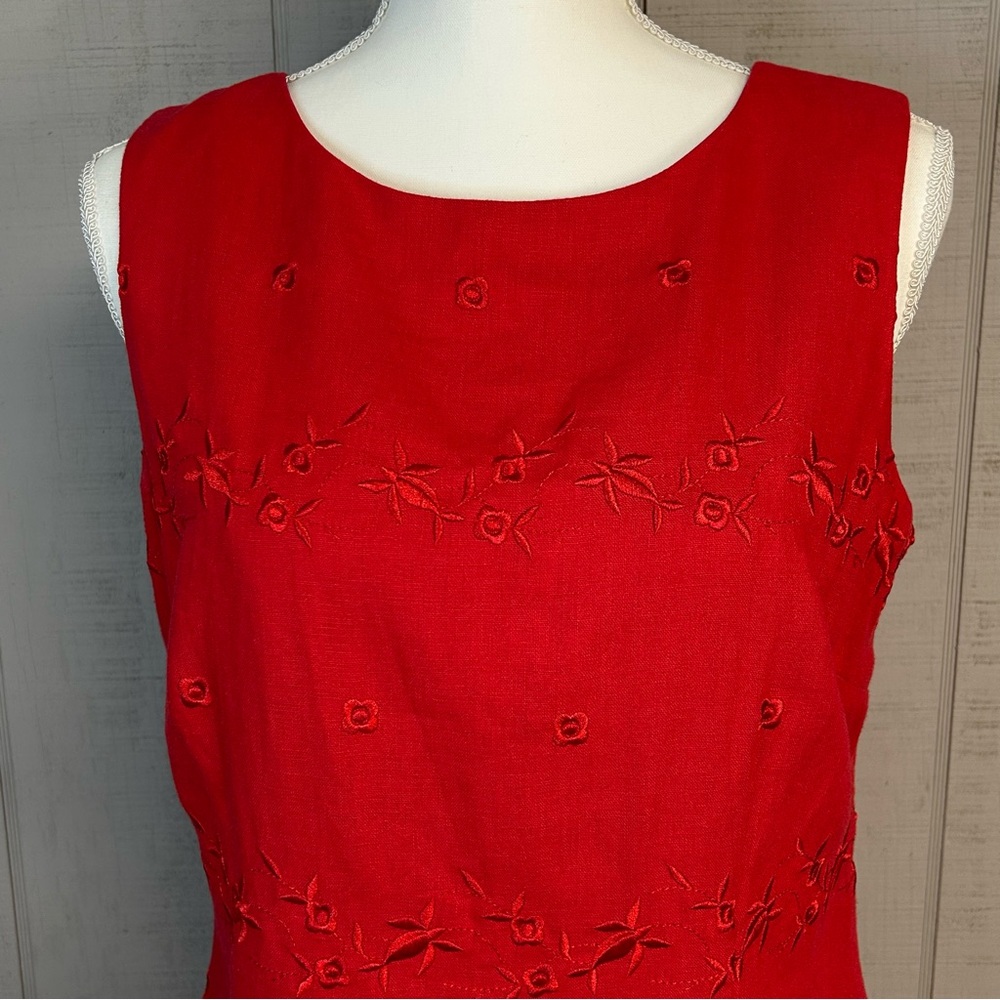 Vintage Linen Blend Midi Dress Sz 12 Sleeveless Floral Embroidery Romantic Red - Picture 4 of 11